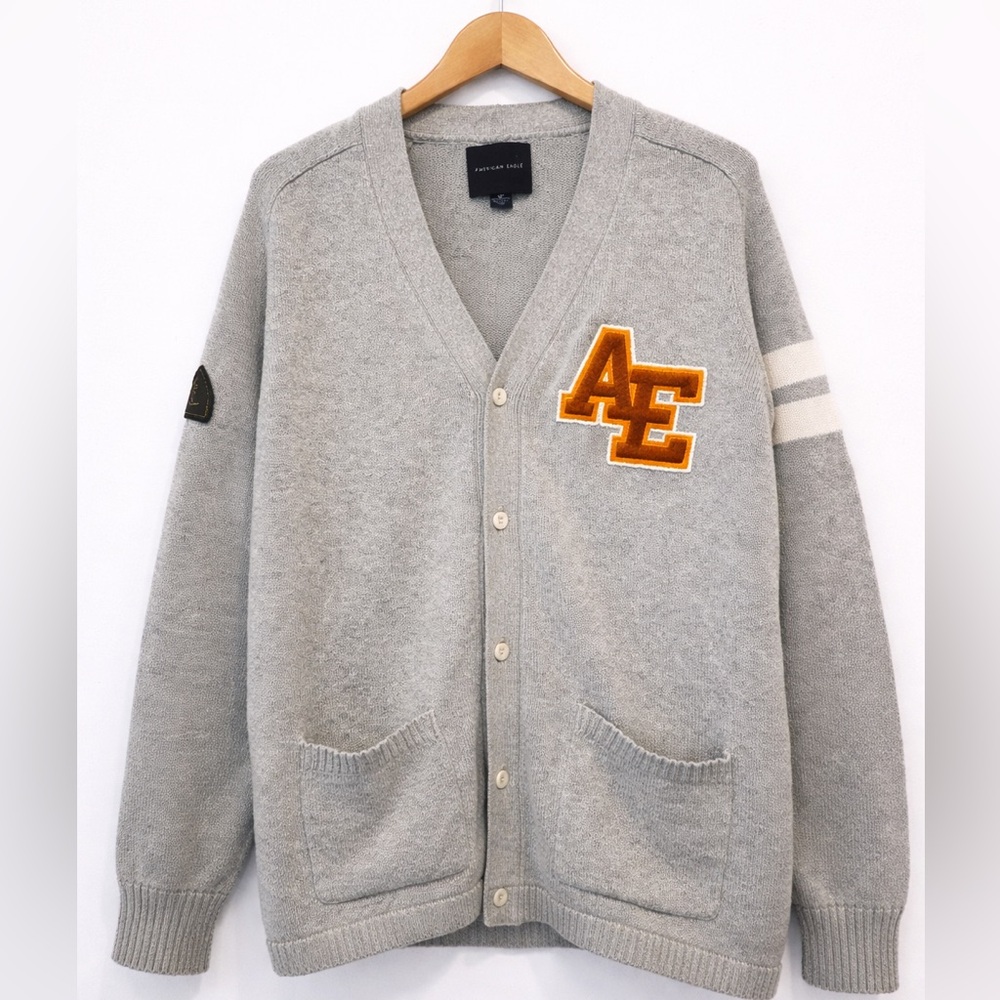 American Eagle Varsity Cardigan Gray Letterman Patch Cotton Sweater XLT
